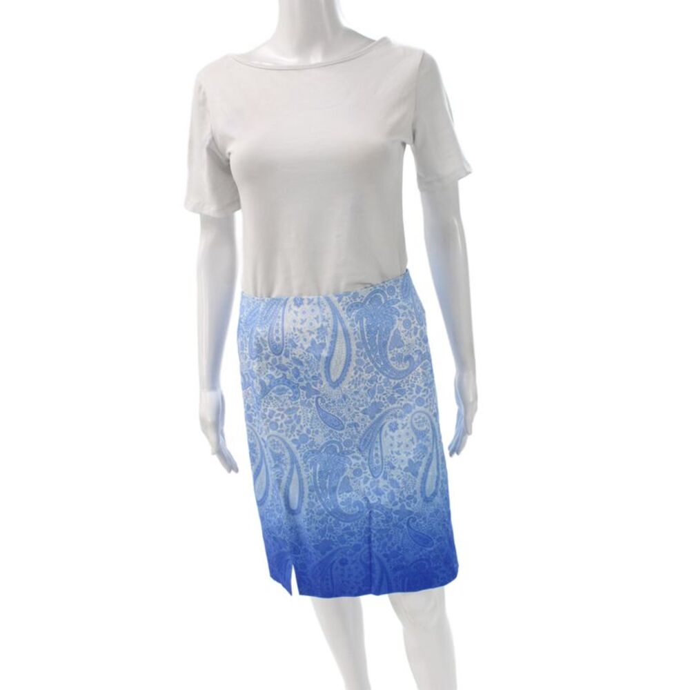 Leggiadro Women Straight Pencil Skirt Light Blue Paisley Cotton Size 4